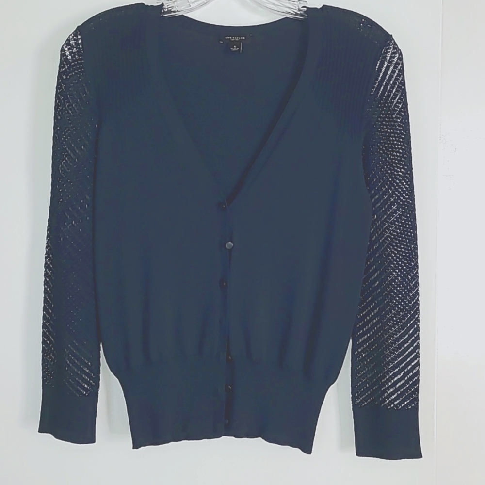 Ann Taylor cardigan sweater.  Rayon and Nylon blend.  Navy blue, size sm…